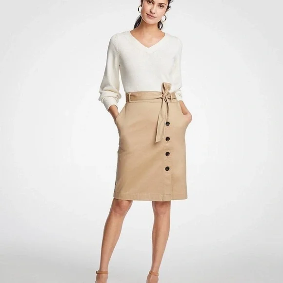 Ann Taylor Tan Khaki Cotton Sateen Pencil Skirt Button Detail & Belt Size 12 - Picture 1 of 13